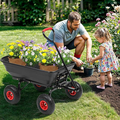600lb Garden Dump Cart,4 Cu.Ft Utility Wagon Wheelbarrows with Quick-Release System&4 Pneumatic Tires,Heavy Duty Yard Dump Wagon with Steel Frame for Farm, Garden,Halloween Hauling(Black)