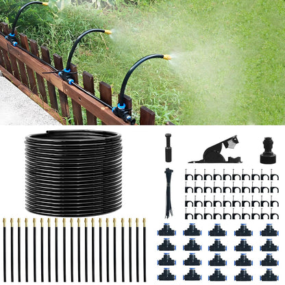 65.6Ft 360° Adjustable Drip Irrigation System Kit, Automatic Garden Watering System with 20 Copper Nozzles, Atomizing Misting Watering System with 360° Bending Dropper for Plant Lawn Patio