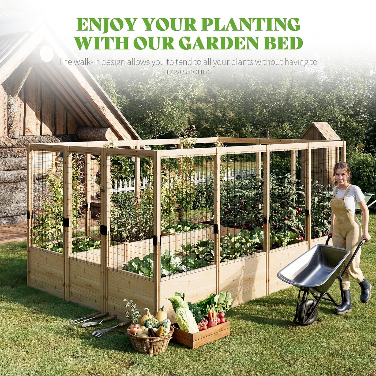 PaPaJet Wooden Raised Garden Bed for Outdoor, Deep Large Planter Box with Netting for Gardening, Vegetables, Flowers, Herbs（7.5× 11.8× 5.9FT）