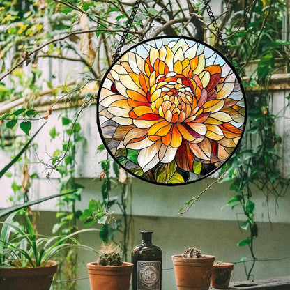 Stained Glass Window Hanging - Chrysanthemum Suncatcher for Doors Garden Patio Birth Flowers Sun Catchers Decor Christmas Mother's Day Birthday Gifts for Women Men Mom Nana Friend 11.8 in
