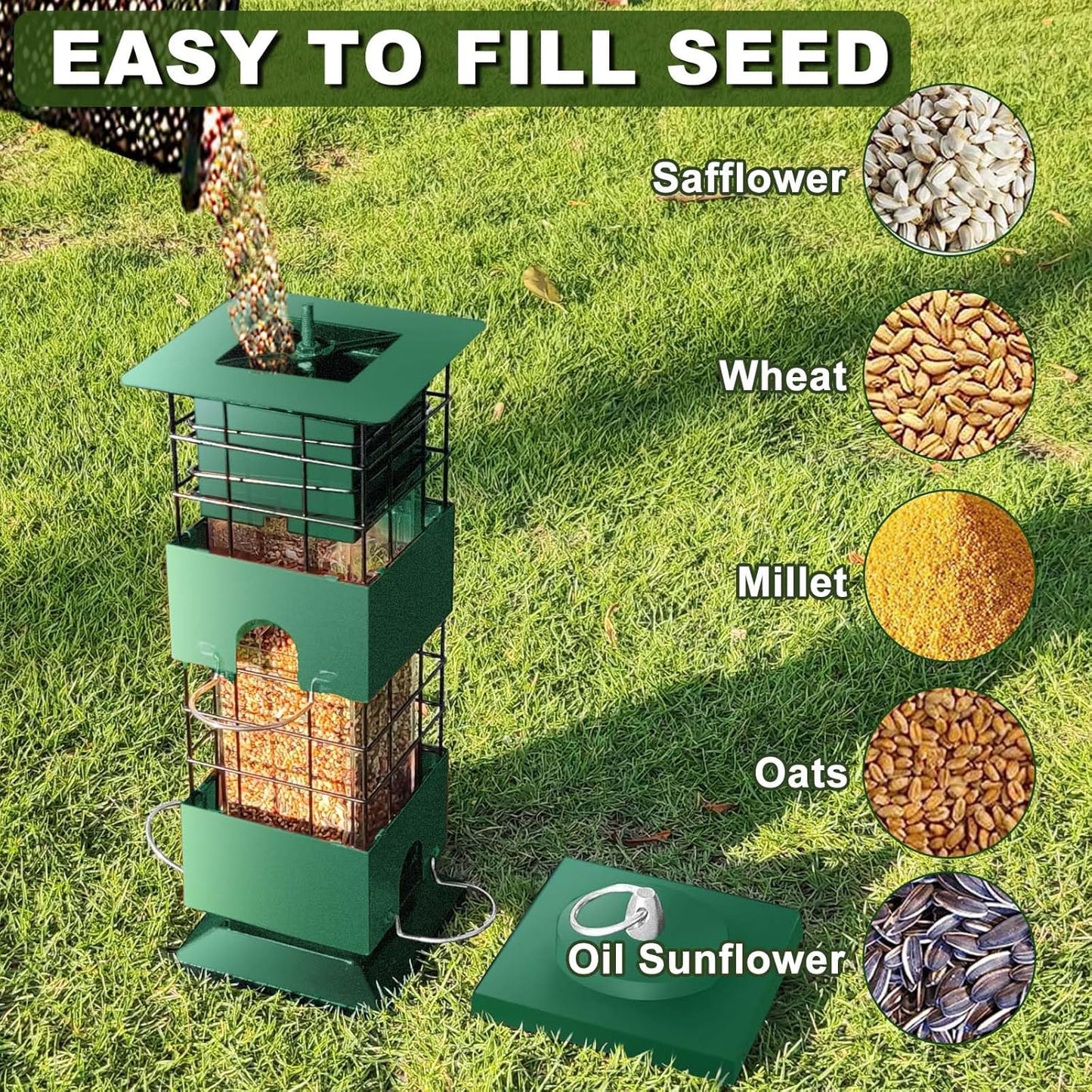 Squirrel Proof Bird Feeder, 3LBS Large Capacity Hanging Bird Feeders with Weight-Activated Perches for Outdoors, Metal Anti-Squirrel Wild Birdfeeder for Blue Jay, Cardinal, Outside (Green)