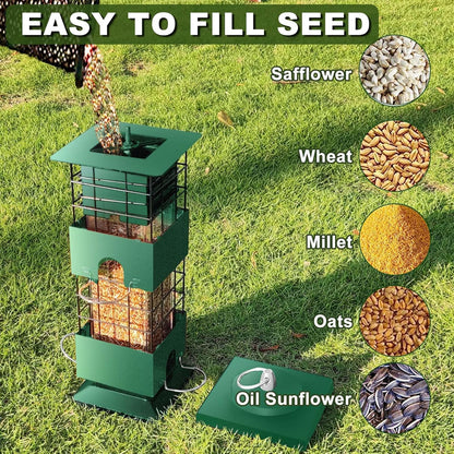 Squirrel Proof Bird Feeder, 3LBS Large Capacity Hanging Bird Feeders with Weight-Activated Perches for Outdoors, Metal Anti-Squirrel Wild Birdfeeder for Blue Jay, Cardinal, Outside (Green)