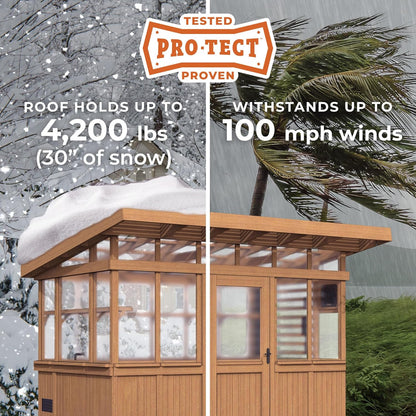 Backyard Discovery Poppy 11' x 7' Cedar Wood and Polycarbonate Walk-In Greenhouse Kit with Exhaust Fan, Windows, Hose Hook-Ups, PowerPort, Staging Shelves, Plant Hooks for Year-Round Outdoor Gardening