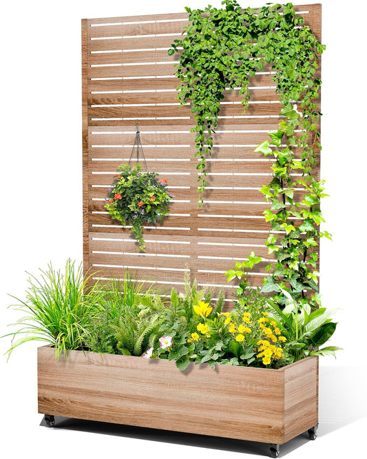 Metal Raised Garden Bed with Trellis, 2-in-1 Planter Box & Privacy Screen for Climbing Plants, Outdoor Standing Flower Bed with Drainage Holes, 47.2" L x 16.7" W x 70.8" H, Cut Oak Grain