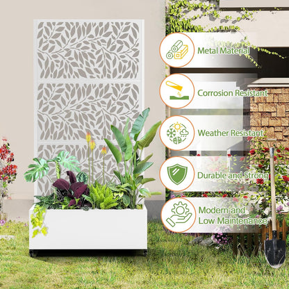 Raised Garden Bed with Trellis and Wheels,73"x35"x16" Metal Raised Garden Bed,White Flowing Leaf-2 Metal Planter with Climbing Trellis for Vines & Vegetables