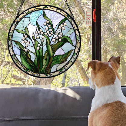 Stained Glass Window Hanging, White Green Lily of The Walley Flowers Sun Catcher for Door Home Decor Plants Suncatcher Christmas Mother's Day Birthday Gifts for Women Men Mom Nana 7.8 in