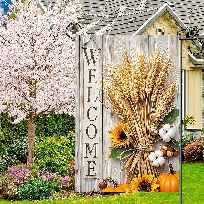 Thanksgiving Fall Garden Flag 12x18 Inch Welcome Wheat Sunflower Cotton Flag Double Sided Rustic Autumn Yard Banner for Porch Lawn Patio Seasonal Decor