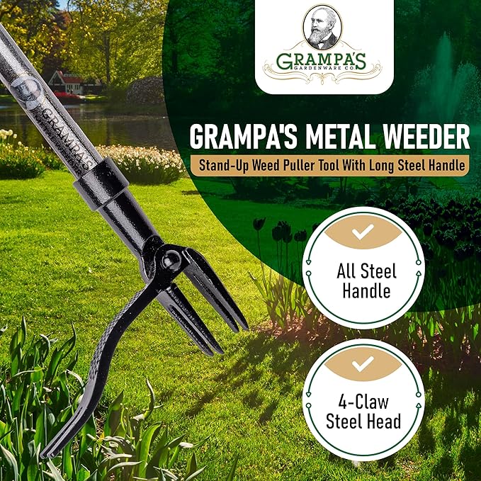 Grampa's Metal Weeder - Stand Up Weed Puller Tool with Steel Long Handle - Made with All Steel Handle & 4-Claw Steel Head - Easily Remove Weeds Without Bending, Pulling, or Kneeling (Black)