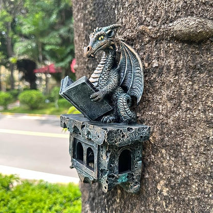 Garden Dragon Statue Tree Hugger Solar Powered Outdoor Figurine Wall Hanging Decor Cute and Reading Magic Book Resin Sculpture Home Decoration Porch Patio Lawn Farm Yard Housewarming Ornament Gift