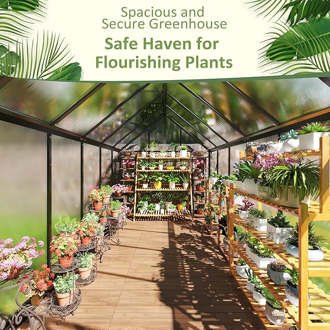 6x11 FTQuick Setup Polycarbonate Greenhouse with Roof Vent, Large Aluminum Walk-in Green House for Outdoor Garden Backyard, Black