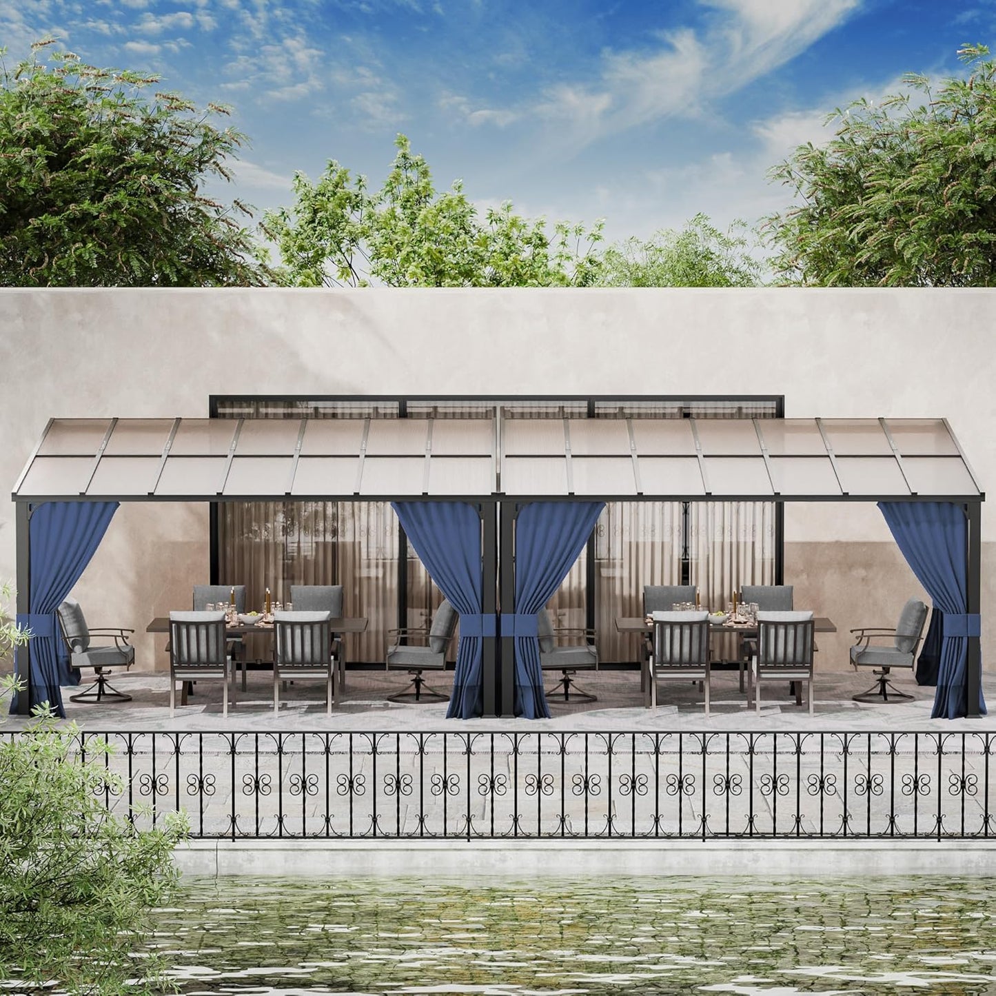 10' x 28' Gazebo，Hard Top Lean to Gazebo Wall Mount Heavy Hardtop Gazebos Outdoor Pergola with Curtains and Netting for Patio Garden Lawn Backyard Deck (Navy)