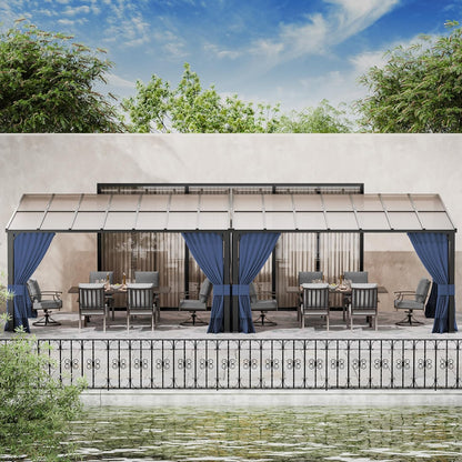 10' x 28' Gazebo，Hard Top Lean to Gazebo Wall Mount Heavy Hardtop Gazebos Outdoor Pergola with Curtains and Netting for Patio Garden Lawn Backyard Deck (Navy)