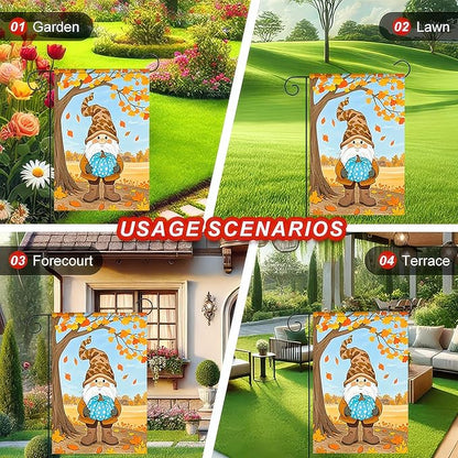 Fall Gnome Garden Flag 12x18 Inch Double Sided Autumn Gnome Holding Blue Pumpkin Yard Flags Harvest Banner for Thanksgiving Porch Lawn Outdoor Decoration