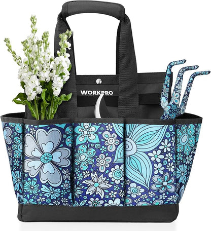 WORKPRO Garden Tool Bag, 9 Pockets Gardening Bag, Heavy Duty Oxford Garden Tote Caddy (Tools NOT Included), 12" x 12" x 6" (Floral Blue)