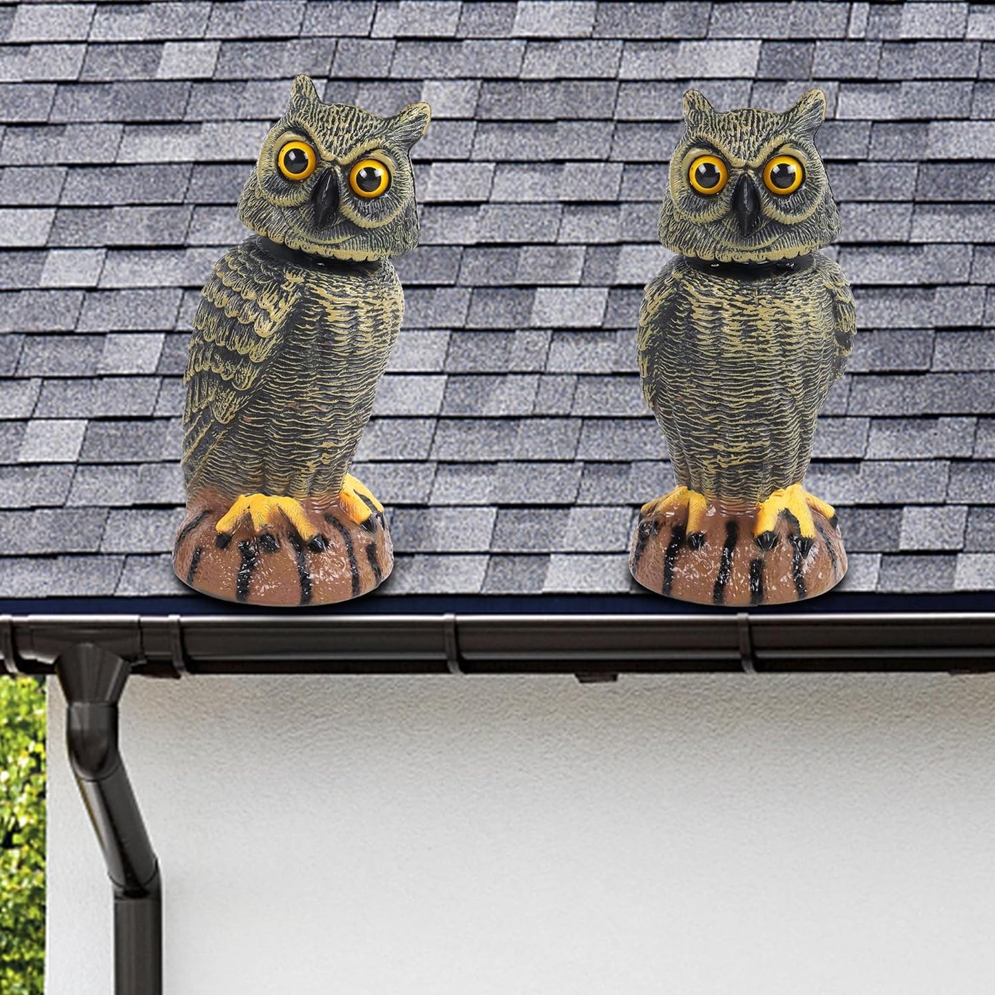 Hausse 2 Pack Bird Scarecrow Fake Owl Decoy Sculpture, 10.6 Inch Height Golden Rotating Head Plastic Owl Bird Deterrents, Nature Enemy Horned Pest Repellent for Outdoor Garden Yard