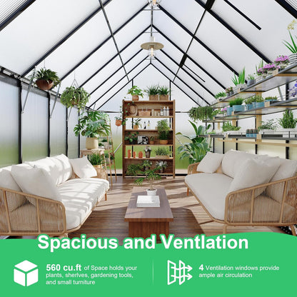 8'x14' , Large Enhanced Aluminum Greenhouses Kit for Outdoors, Aluminum-Framed Polycarbonate Greenhouse, Heavy Duty Polycarbonate Greenhouse with Quick Setup Structure and Roof Vent