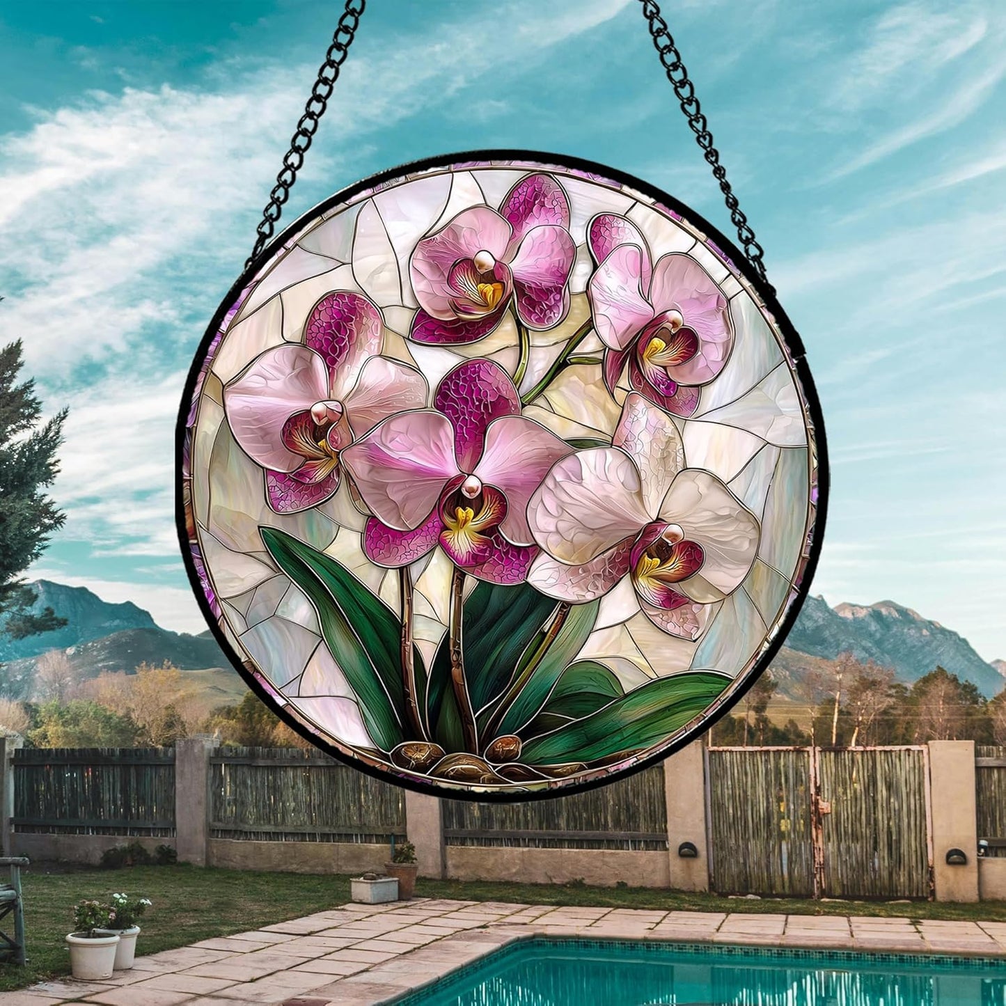 Stained Glass Window Hanging - Pink Purple Phalaenopsis Flowers Sun Catcher for Door Home Decor Plant Suncatcher Christmas Mother's Day Birthday Gifts for Women Men Mom Nana 11.8 in
