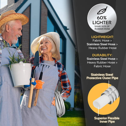 Garden Hose Metal - 25ft Heavy Duty Stainless Steel Water Hose with 8 Function Sprayer & Metal Fittings, Flexible, Lightweight, No Kink, Puncture Proof Hose for Yard, Outdoors, Rv