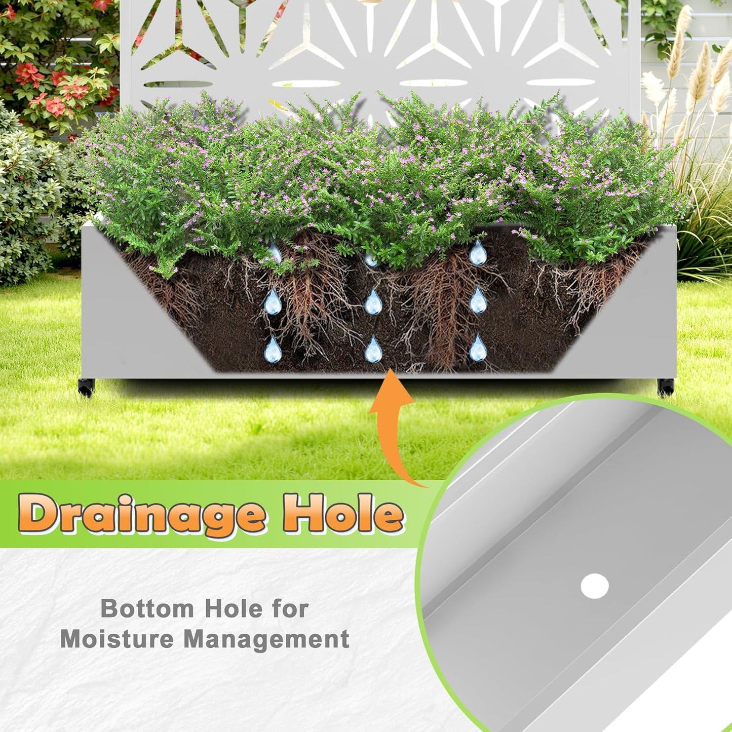 Metal Raised Garden Bed with Trellis, 2 in 1 Trellis with Planter Box & Privacy Screen for Climbing Plants, Vine, Outdoor Standing Flower Beds with Drainage Holes,47.2"L x 16.7"W x 70.8"H,(White-Star)