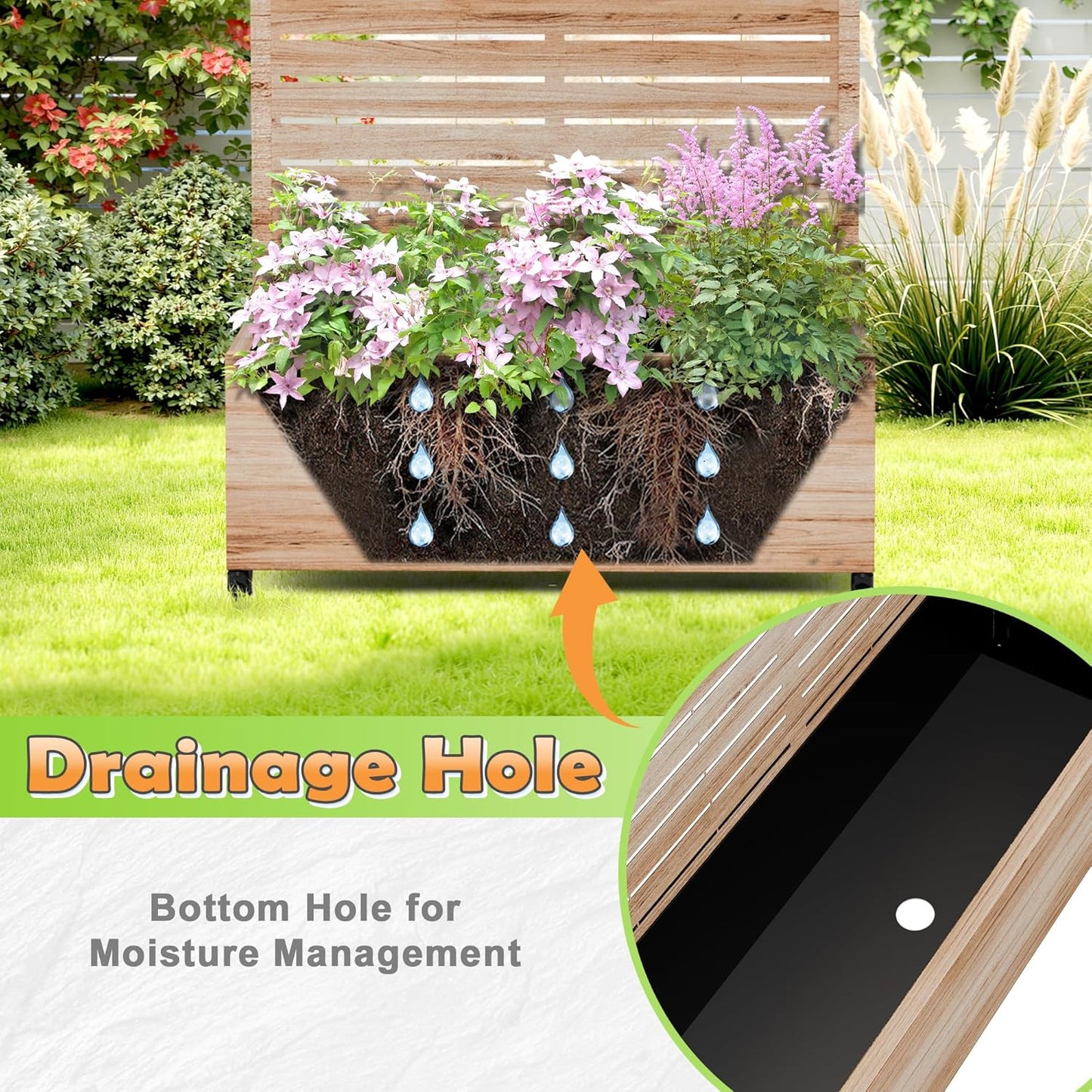 Metal Raised Garden Bed with Trellis, 2-in-1 Planter Box & Privacy Screen for Climbing Plants, Outdoor Standing Flower Bed with Drainage Holes, 35.4" L x 15.7" W x 70.1" H, Acacia Wood Grain