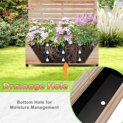 Metal Raised Garden Bed with Trellis, 2-in-1 Planter Box & Privacy Screen for Climbing Plants, Outdoor Standing Flower Bed with Drainage Holes, 35.4" L x 15.7" W x 70.1" H, Acacia Wood Grain