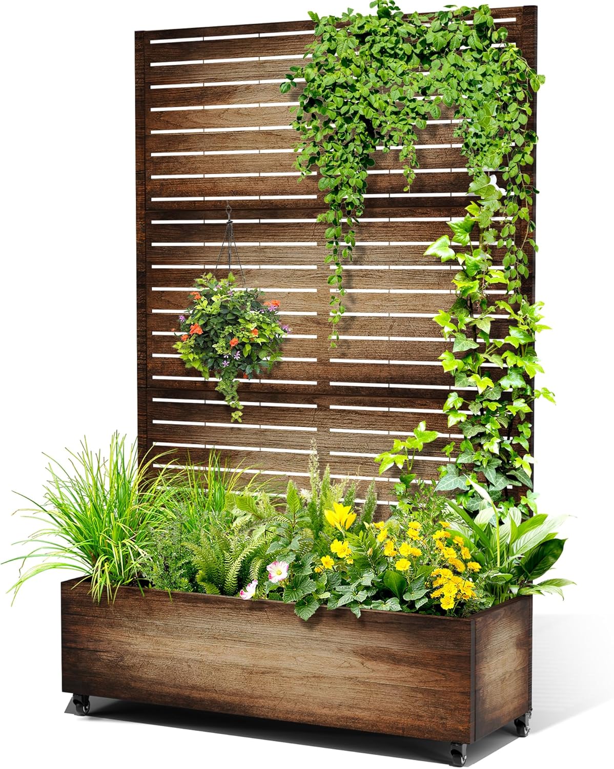 Metal Raised Garden Bed with Trellis, 2-in-1 Planter Box & Privacy Screen for Climbing Plants, Outdoor Standing Flower Bed with Drainage Holes, 47.2" L x 16.7" W x 70.8" H, Vintage Wood Grain