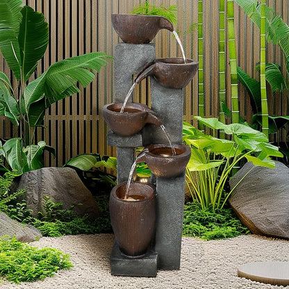 Naturefalls 39” H Modern Outdoor Fountain - 5 Crocks Outdoor Garden Fountains with Contemporary Design&LED Light for Garden, Patio, Deck, Porch, Backyard and Home Art Decor