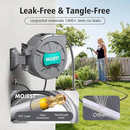 Retractable Garden Hose Reel - 1/2 in x 80 ft Wall Mounted Heavy Duty Water Hose Reel with Automatic Slow Rewind System, 180°Swivel Bracket, 2 Hose Nozzle, Dark Gray