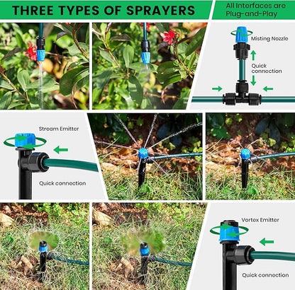 230FT Drip Irrigation System, Quick-Connect Automatic Garden Watering Misting System for Greenhouse, Yard, Lawn with 1/2 inch Hose, 1/4 inch Distribution Tubing, Drip Emitters, Connectors