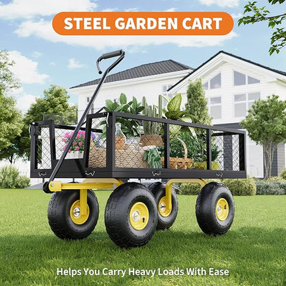 500 Lbs Garden Wagon, 2-in-1 Heavy-Duty Steel Garden Cart, with 10 Inch All-Terrain Tires and Removable Mesh Side Panels, 180° Rotating Handle, Metal Utility Yard Trailer, Outdoor Gardens Wagon Cart