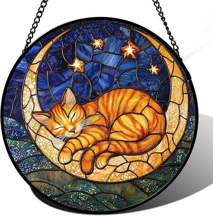 Stained Glass Window Hanging - Orange Moon Sleeping Cat Sun Catcher for Door Home Decor Blue Starry Sky Suncatcher Christmas Mother's Day Birthday Gifts for Women Men Mom Nana 15 in