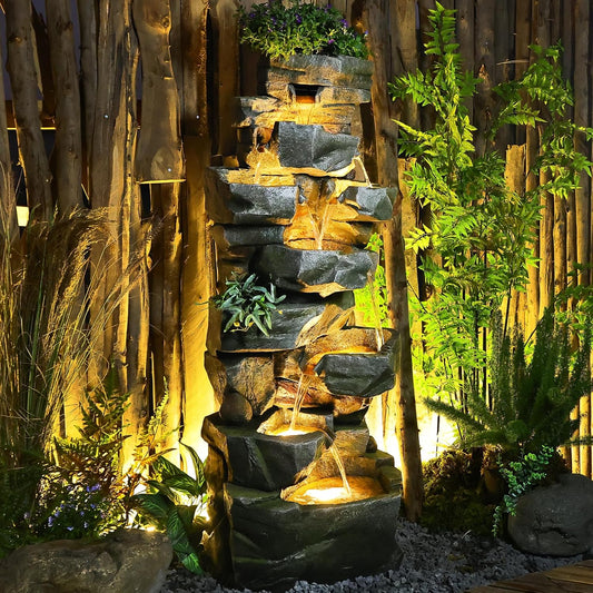 58“H Outdoor Garden Water Fountain 6 Tiers Large Cascading Rock Natural Waterfall Outdoor Fountain with LED Lights for Patio Porch Backyard Home Art Decor