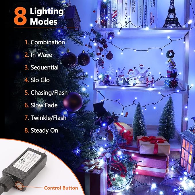 Brizled Blue & White Christmas Lights, 78.74ft 240 LED Christmas Lights, Connectable 8 Modes Xmas Tree Light, Outdoor Light String Waterproof with Memory Timer for Xmas Indoor Decor
