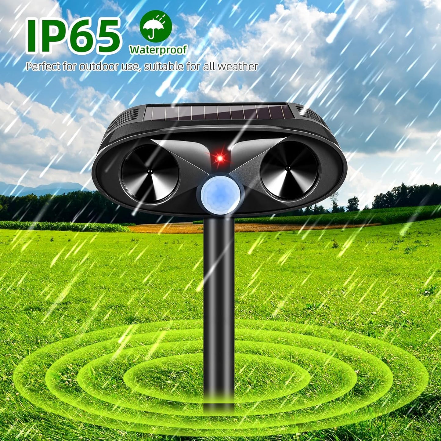 Upgraded Solar Animal Repellent, 2 Pack Ultrasonic Animal Repeller Outdoor USB Charge with Motion Sensor Cat, Deer, Squirrel, Dog,Raccoon,Skunk,Rodent,Rabbit Repellent for Yard Garden Lawn,Black