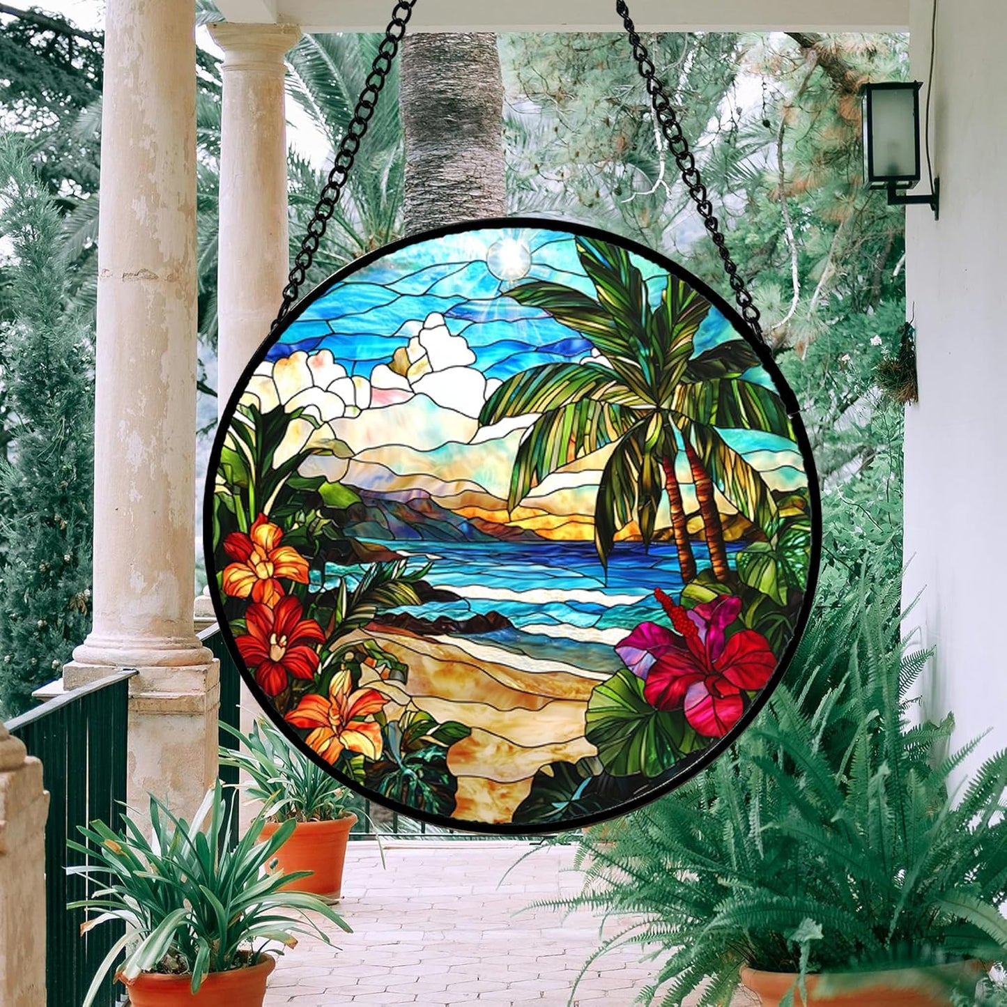 Stained Glass Window Hanging, Blue Beach Scenery Suncatcher Diamond Glass Panel Hangings Sun Catchers Decor for Birthday for Women, Men, Wife, Aunt, and Mom 14.9x14.9 in
