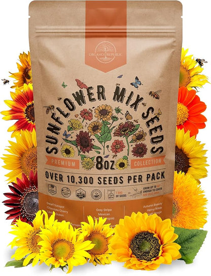 Sunflower Mix Seeds Pack 8 oz - Over 10,300 Non-GMO Heirloom Sunflower Seeds for Planting, Annual Flowers in Individual Seed Packet for Planting Home Garden Indoor & Outdoor Gardening