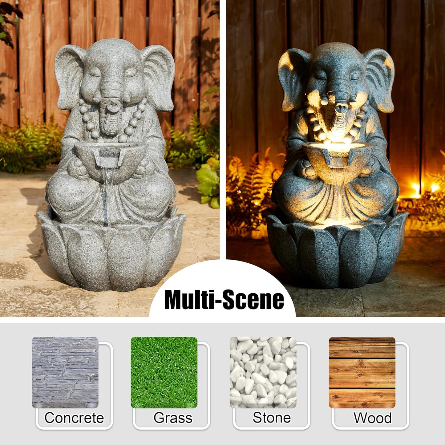 Glitzhome Outdoor Fountains and Waterfalls Zen-Style Concrete Resin Elephant Water Fountains with LED & Pump, Garden Patio Water Fountain Yard Fountain 2 Tier Floor Waterfall for Backyard Lawn 22" H