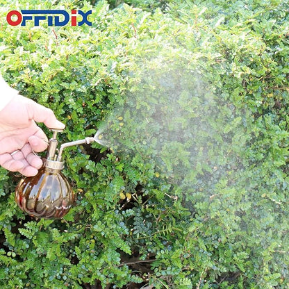 OFFIDIX Glass Watering Spray Bottle,Plant Mister Flower Water Spray Bottle Can Pot 6.3" Tall Vintage Pumpkin Style Spritzer Bronze Plastic Top Pump One Hand Glass Watering Can Indoor(Brown)