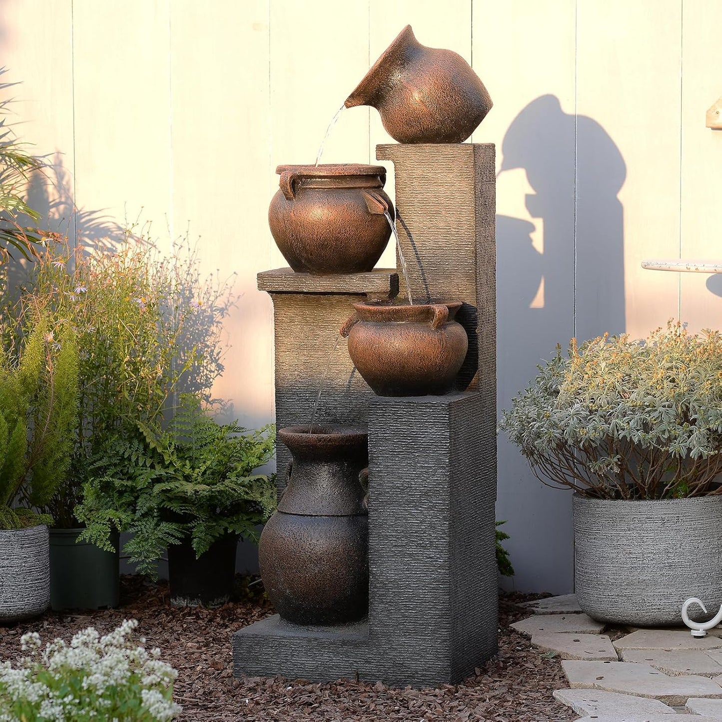 53" H Large Water Fountain Outdoor-The 4 Cascading Modern Feature Crocks Garden Fountains and Waterfalls with Warm Lights for Porch, Deck, Patio, Backyard Home Décor (Gray)