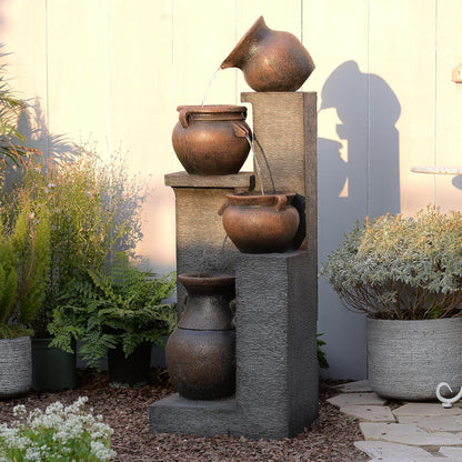 53" H Large Water Fountain Outdoor-The 4 Cascading Modern Feature Crocks Garden Fountains and Waterfalls with Warm Lights for Porch, Deck, Patio, Backyard Home Décor (Gray)