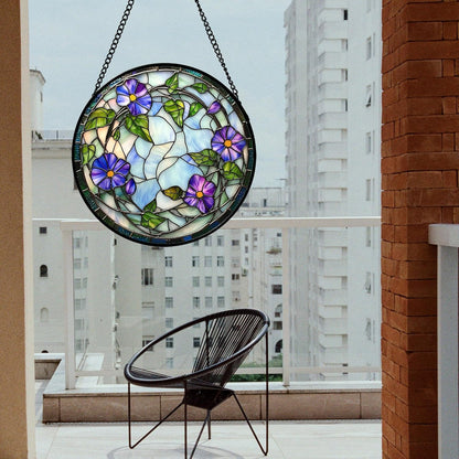 Stained Glass Window Hanging, Purple Morning Glory Flowers Suncatcher for Doors Window Home Plant Sun Catchers Decoration Mother's Day Birthday Gifts for Women, Men, and Mom 9.8x9.8 in