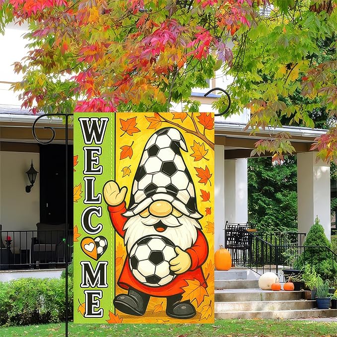 Thanksgiving Fall Garden Flag 12x18 Inch Welcome Gnome Flag Double Sided Outdoor Autumn Yard Banner Soccer Ball and Leaves for Porch Lawn Patio Seasonal Decor