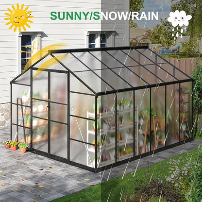 WKM 10x12 FT Greenhouse, Enhanced Aluminum Frame Greenhouses for Outdoors Withstands Strong Wind or Snow, Green House with Swing Door, Green Houses for Outside Garden Backyard, Black