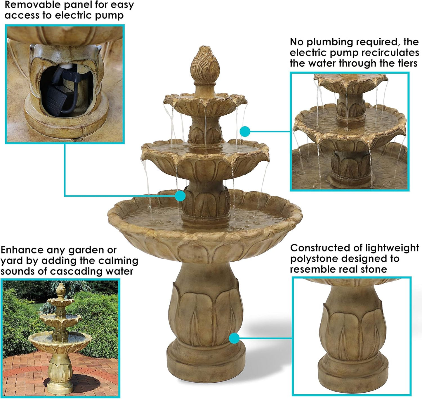 Sunnydaze Classic Tulip 3-Tier Electric Water Fountain - 46-Inch - with Electric Submersible Pump for Patio, Yard or Deck - Garden Stone
