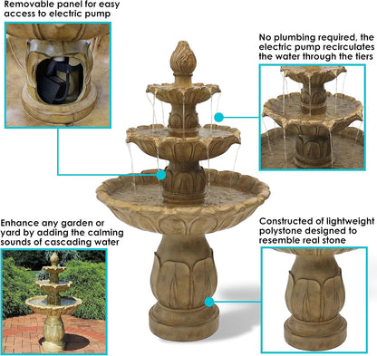 Sunnydaze Classic Tulip 3-Tier Electric Water Fountain - 46-Inch - with Electric Submersible Pump for Patio, Yard or Deck - Garden Stone