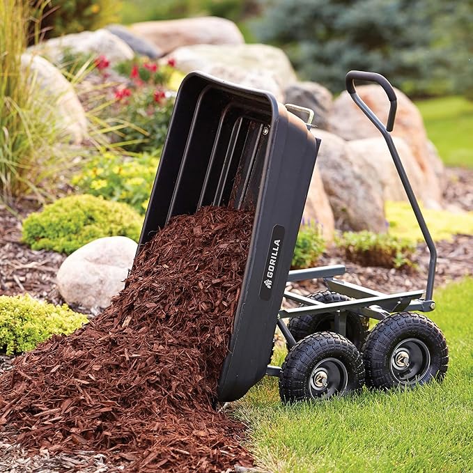 Gorilla Carts Poly Garden Dump Cart, 4 Cu Ft Tub, 600 lb Haul Capacity, Black – Heavy-Duty Utility Wagon with Quick-Release Dumping & Pneumatic Tires for Yard, Landscaping and Gardening