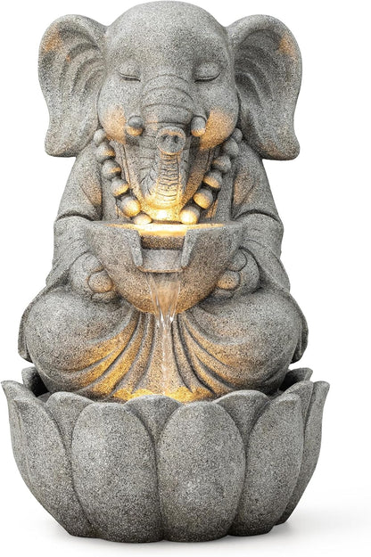 Glitzhome Outdoor Fountains and Waterfalls Zen-Style Concrete Resin Elephant Water Fountains with LED & Pump, Garden Patio Water Fountain Yard Fountain 2 Tier Floor Waterfall for Backyard Lawn 22" H