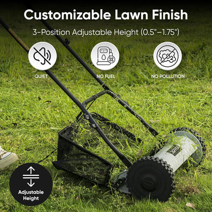 16" Push Reel Lawn Mower with Grass Catcher – Manual 5-Blade Hand Mower, Adjustable 3-Position Cutting Height (0.5"–1.75"), Lightweight & Eco-Friendly – 1-Year Warranty