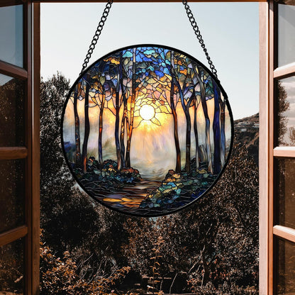 Stained Glass Window Hanging, Forest Sunrise Smoke Blue Brown Tree Suncatcher for Doors Window Home Landscape Sun Catchers Decor Mother's Day Birthday Gifts for Women, Men Mom 7.8 in
