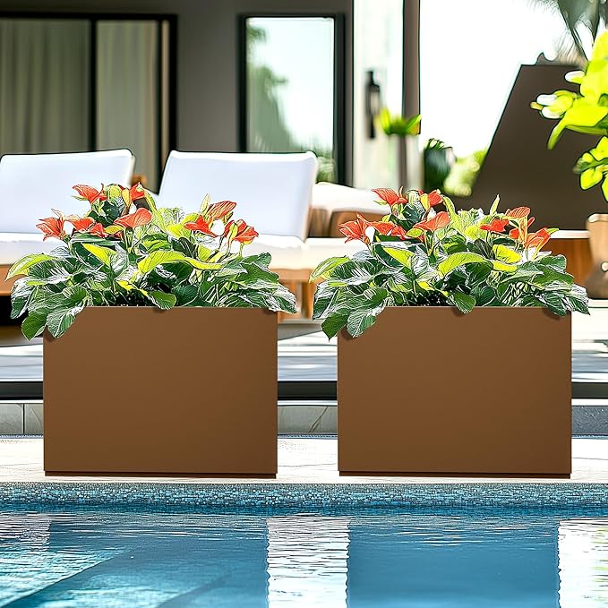 Large Rectangle Planter Metal Brown Planter Box with a Drainage Hole and a Removable Divider Indoor Outdoor Porch Pots for Tall Plants, Trees, Flowers 35.43" x 9.06" x 25.59" Brown